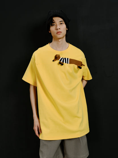 Striped clothing dachshund yellow boxy T-shirt