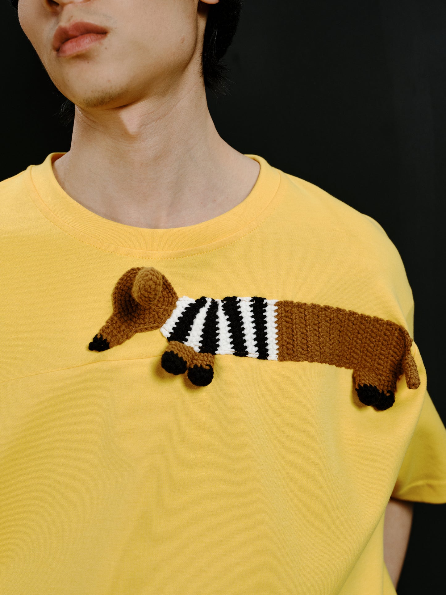 Striped clothing dachshund yellow boxy T-shirt