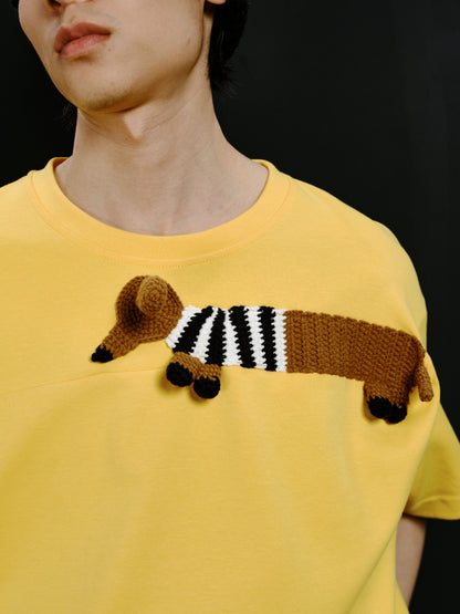 Striped clothing dachshund yellow boxy T-shirt