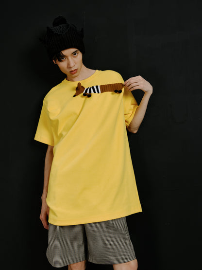 Striped clothing dachshund yellow boxy T-shirt