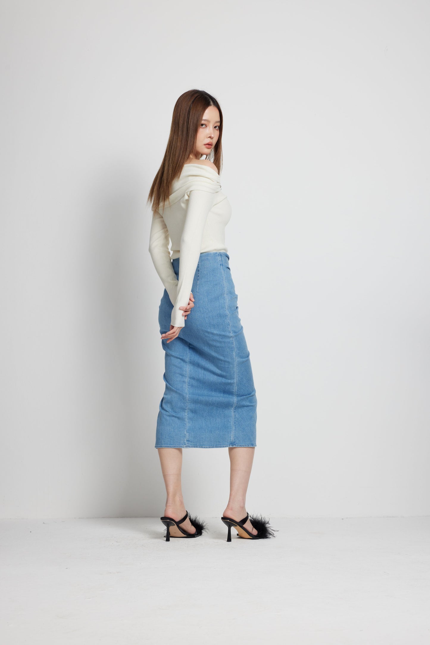 Blue Floral Twist Denim Skirt