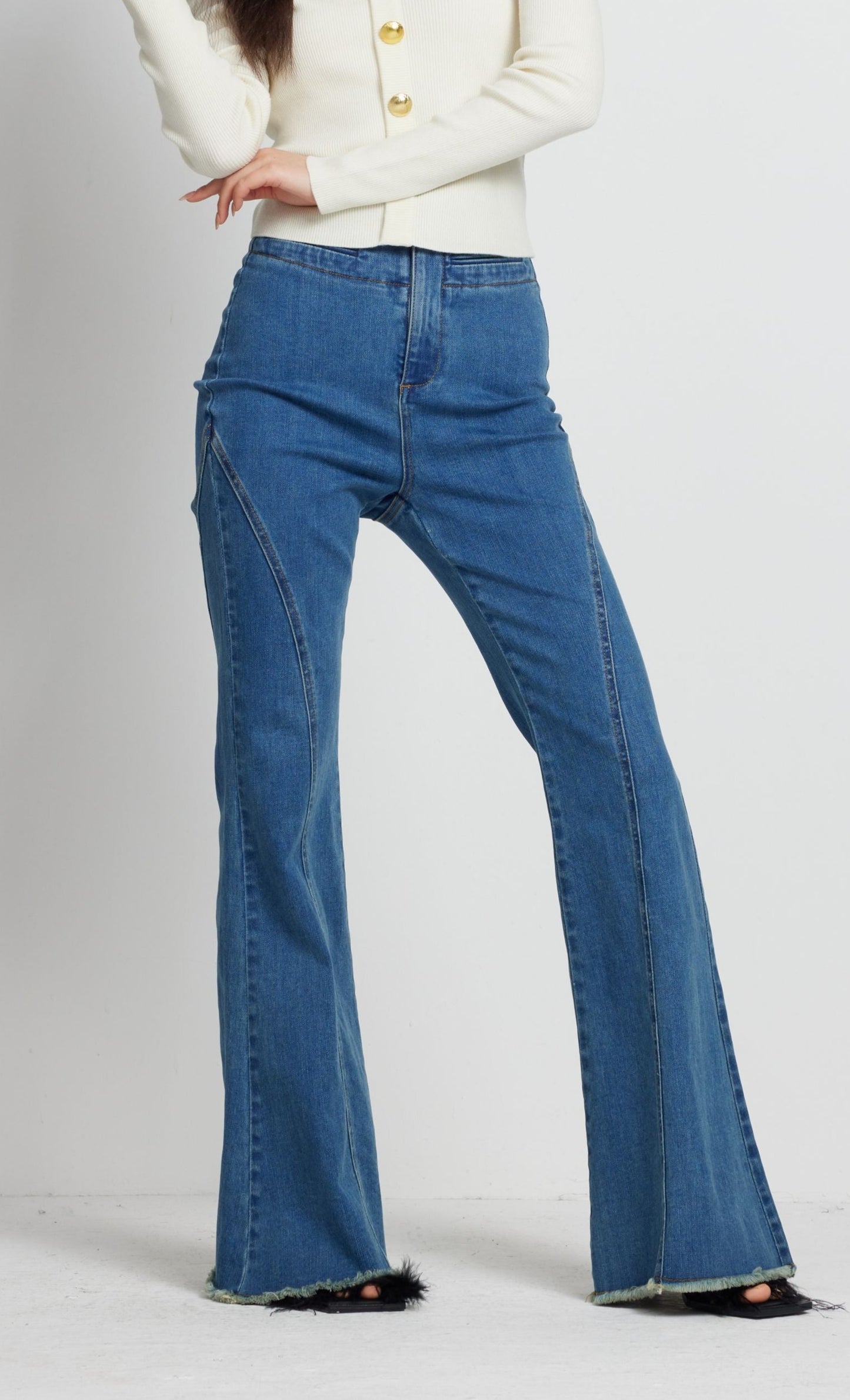 Blue Denim Frayed Bell-bottom Pants-Pre-order