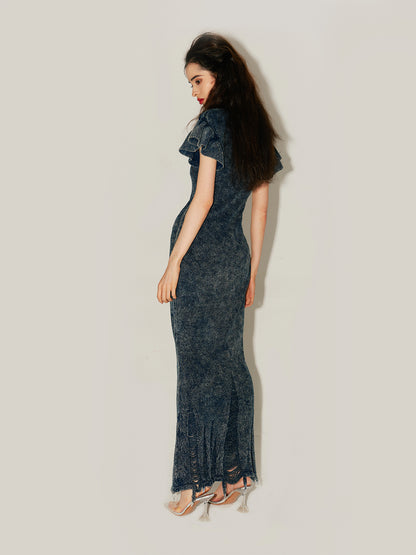 MIAOYAN24 Spring/Summer Denim Knitted Irregular Petal Sleeve Slim Fit Dress