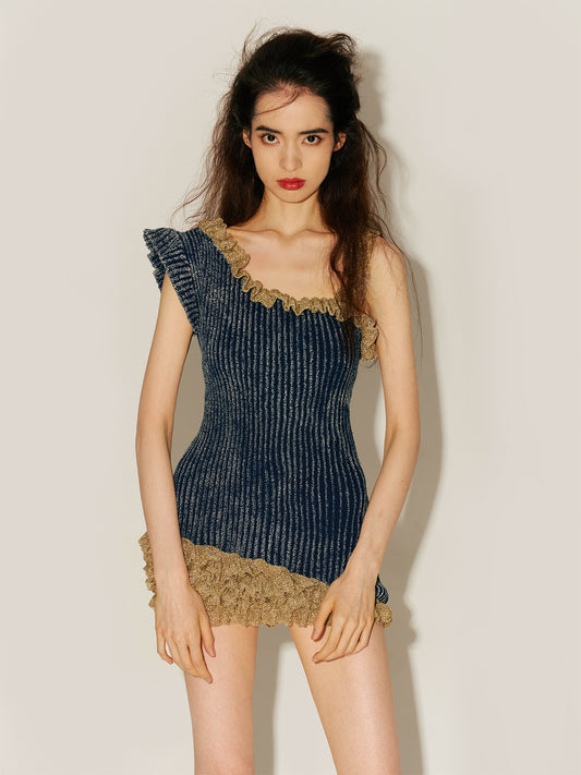 MIAOYAN24 Spring/Summer Denim Knitted Folded Gold-plated One-shoulder Dress