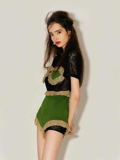 MIAOYAN24 Spring/Summer Green Knitted Lace Patchwork Gold-edged High-waist Shorts
