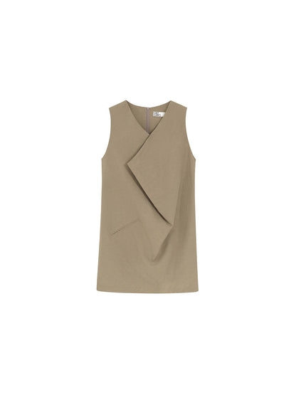 Draped Collar Linen-Blend Short Dress
