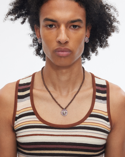Inverted Daisy Pendant Necklace with Wooden Beads (Translucent Pink Enamel)