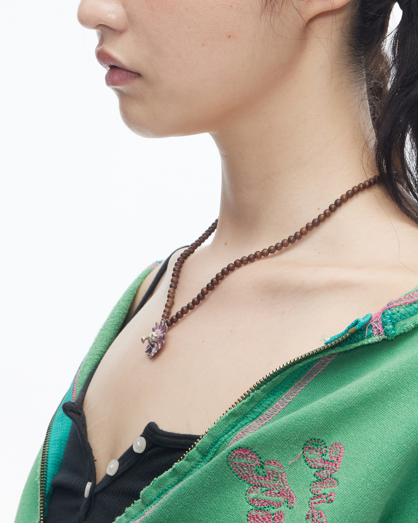 Inverted Daisy Pendant Necklace with Wooden Beads (Translucent Pink Enamel)