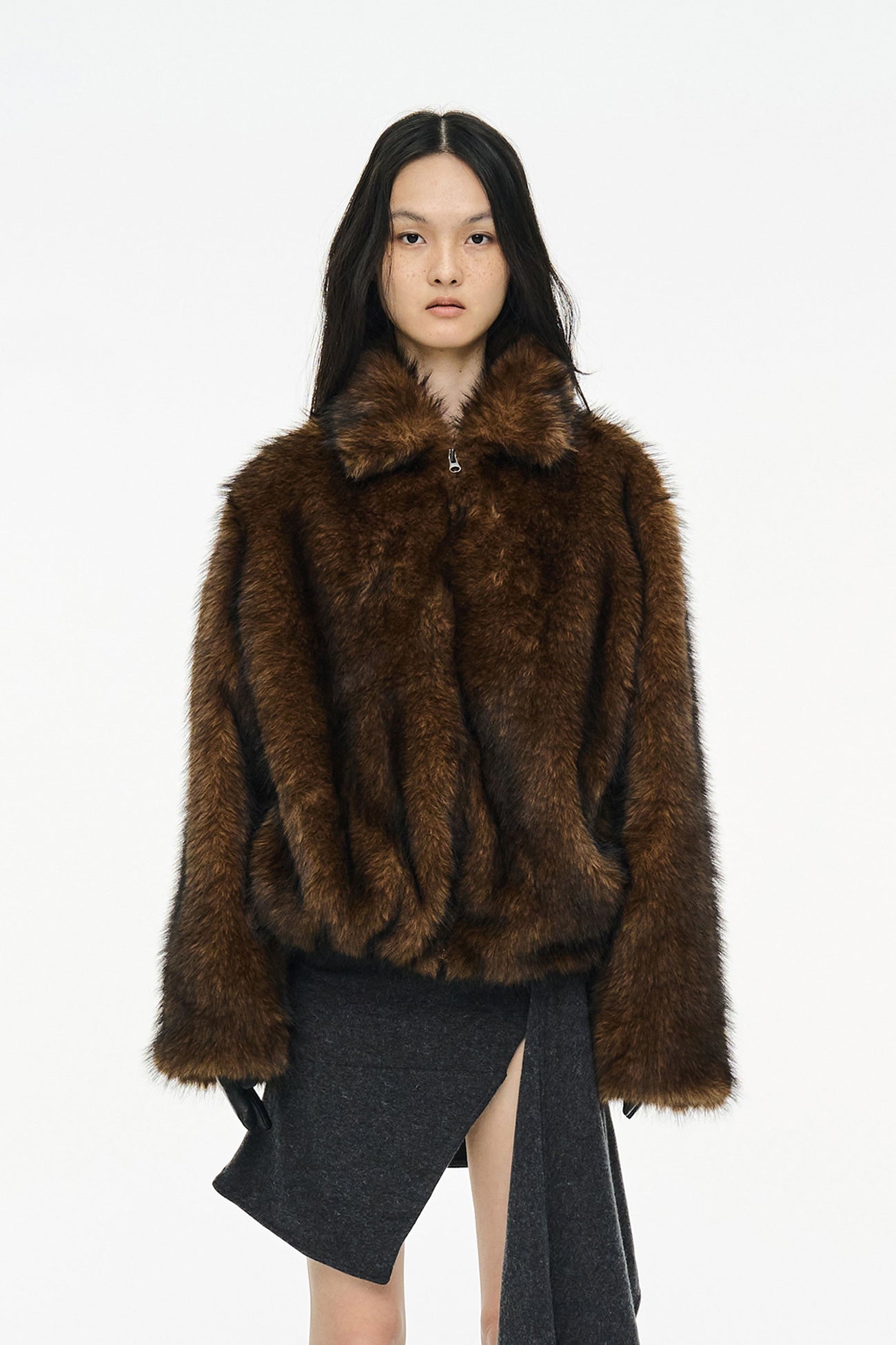 BRUSHED FUR JACKET / BROWN