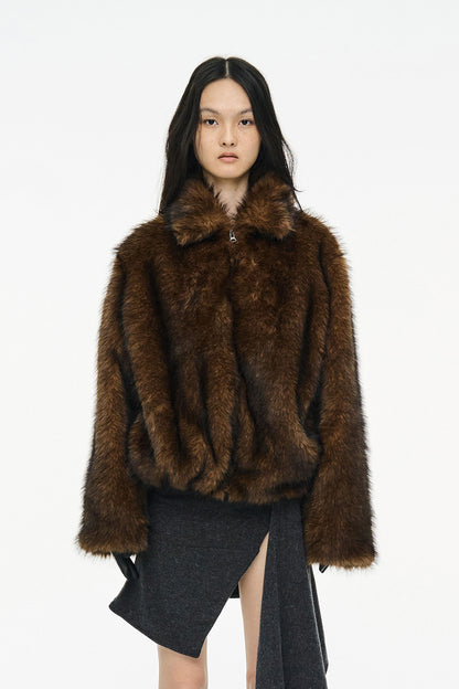 BRUSHED FUR JACKET / BROWN