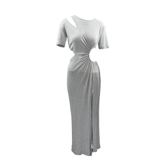 Deconstructed Openwork Knit Maxi Dress Grey