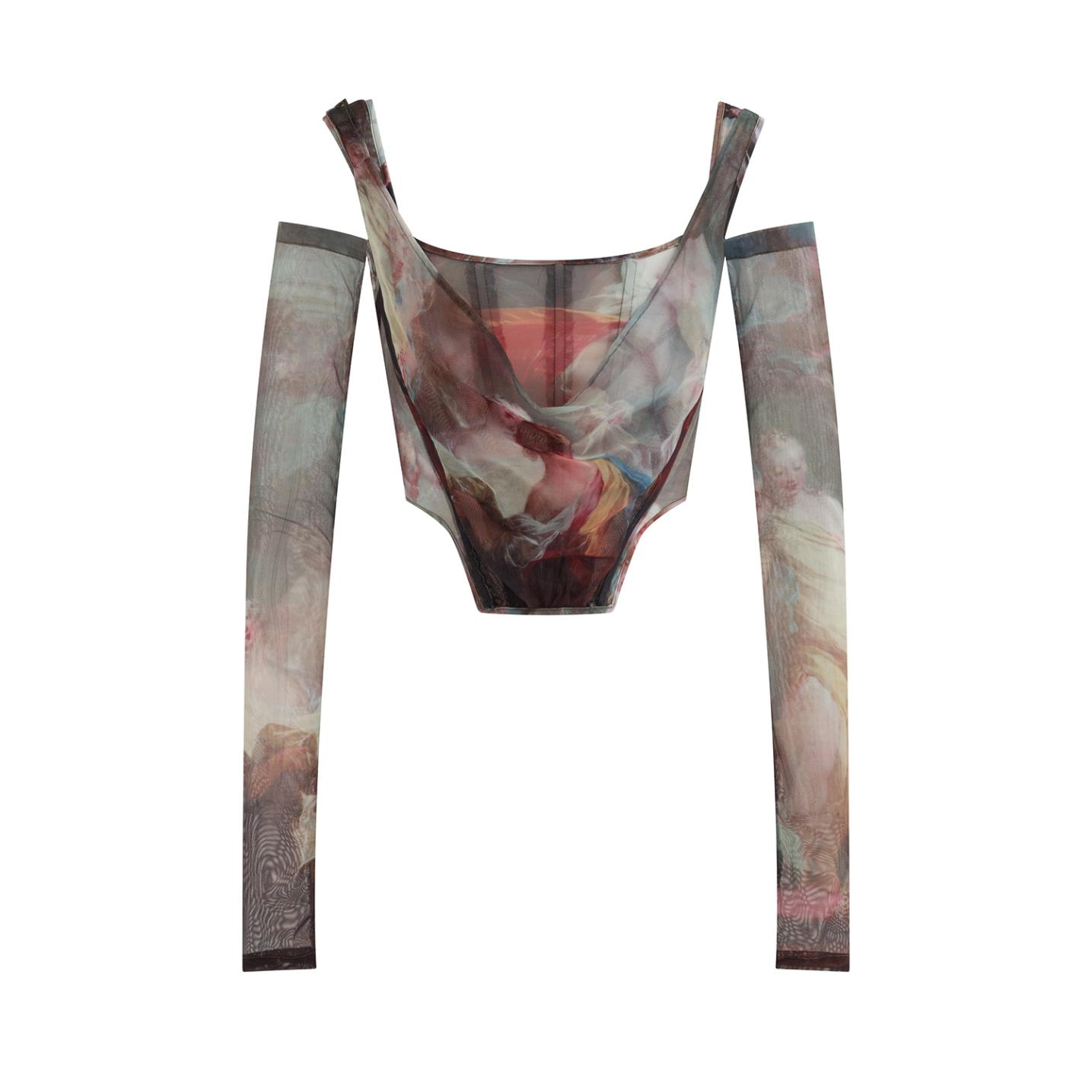 Painterly Print Faux Two-Piece Mesh Dangling Neck Corset