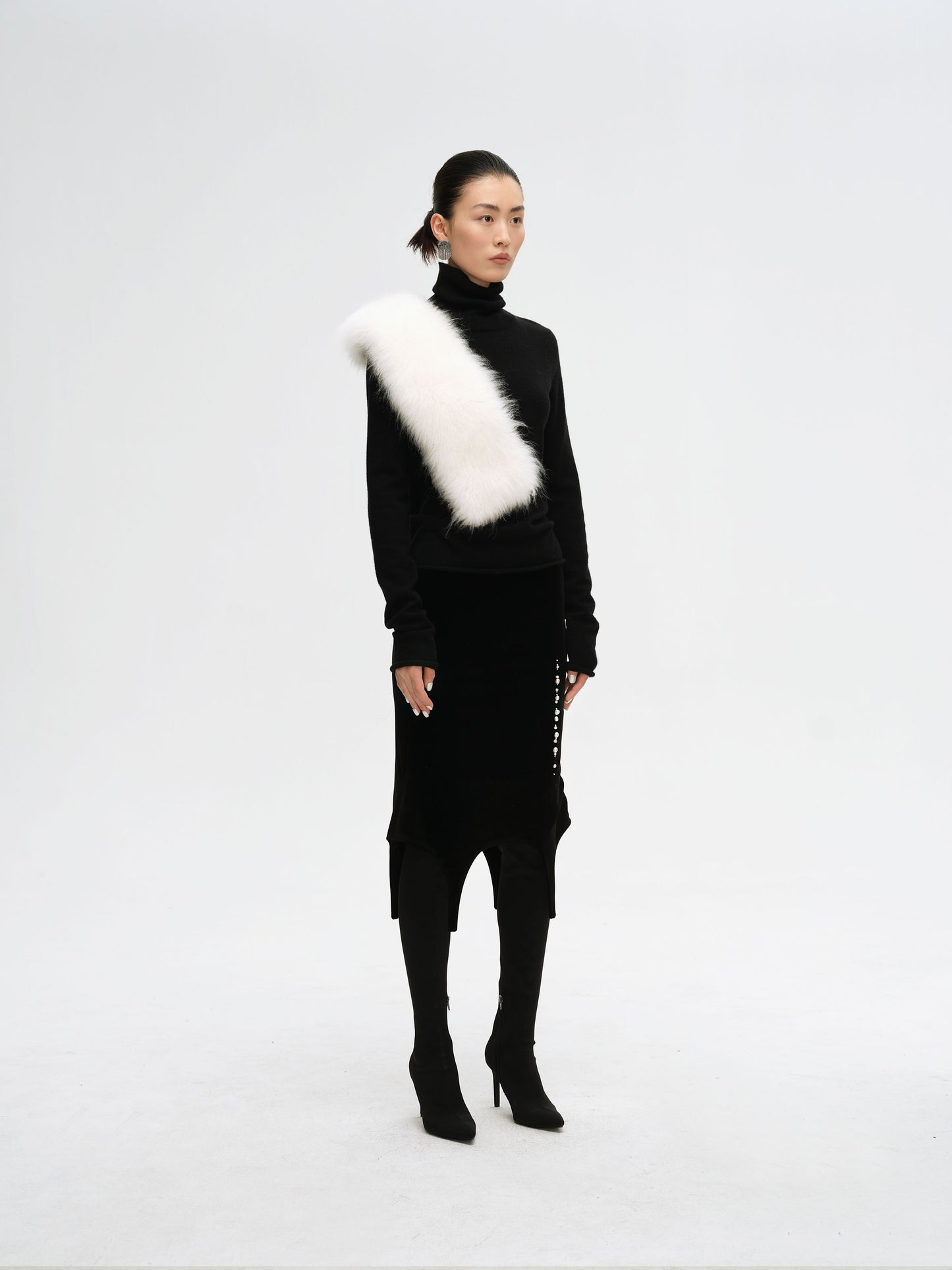High-neck Leather and Fur Sweater