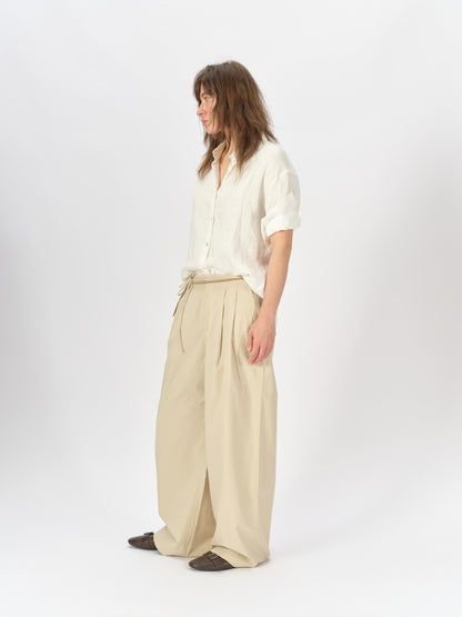 Bicolor-Belted Cotton Wide-Leg Pants