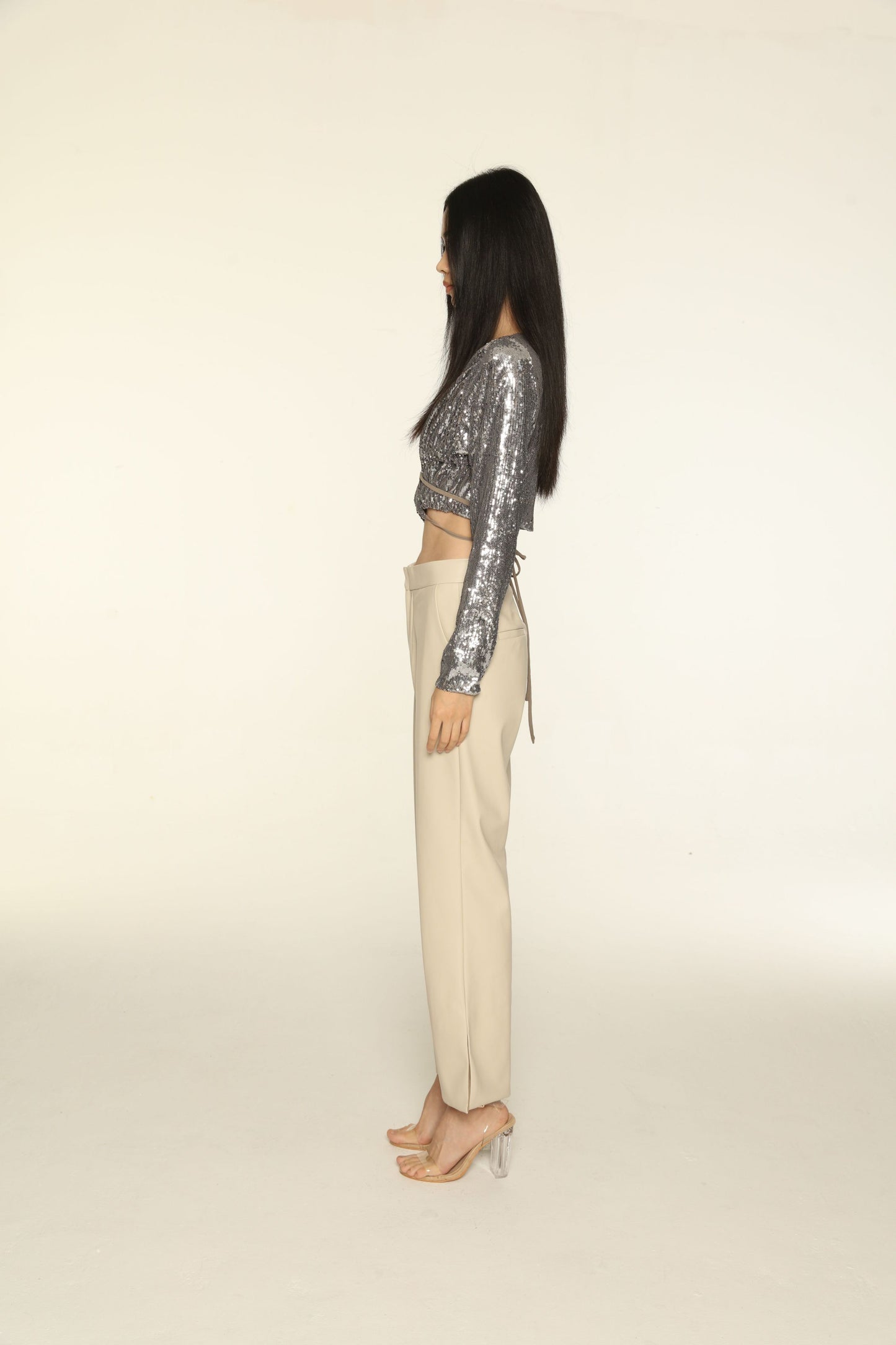 Silver Sequin Lace-Up Long Sleeve Top