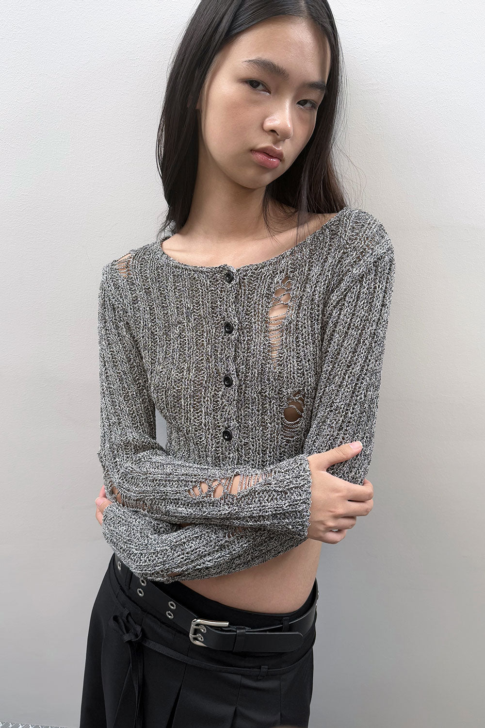 DAMAGE CROP CARDIGAN GREY