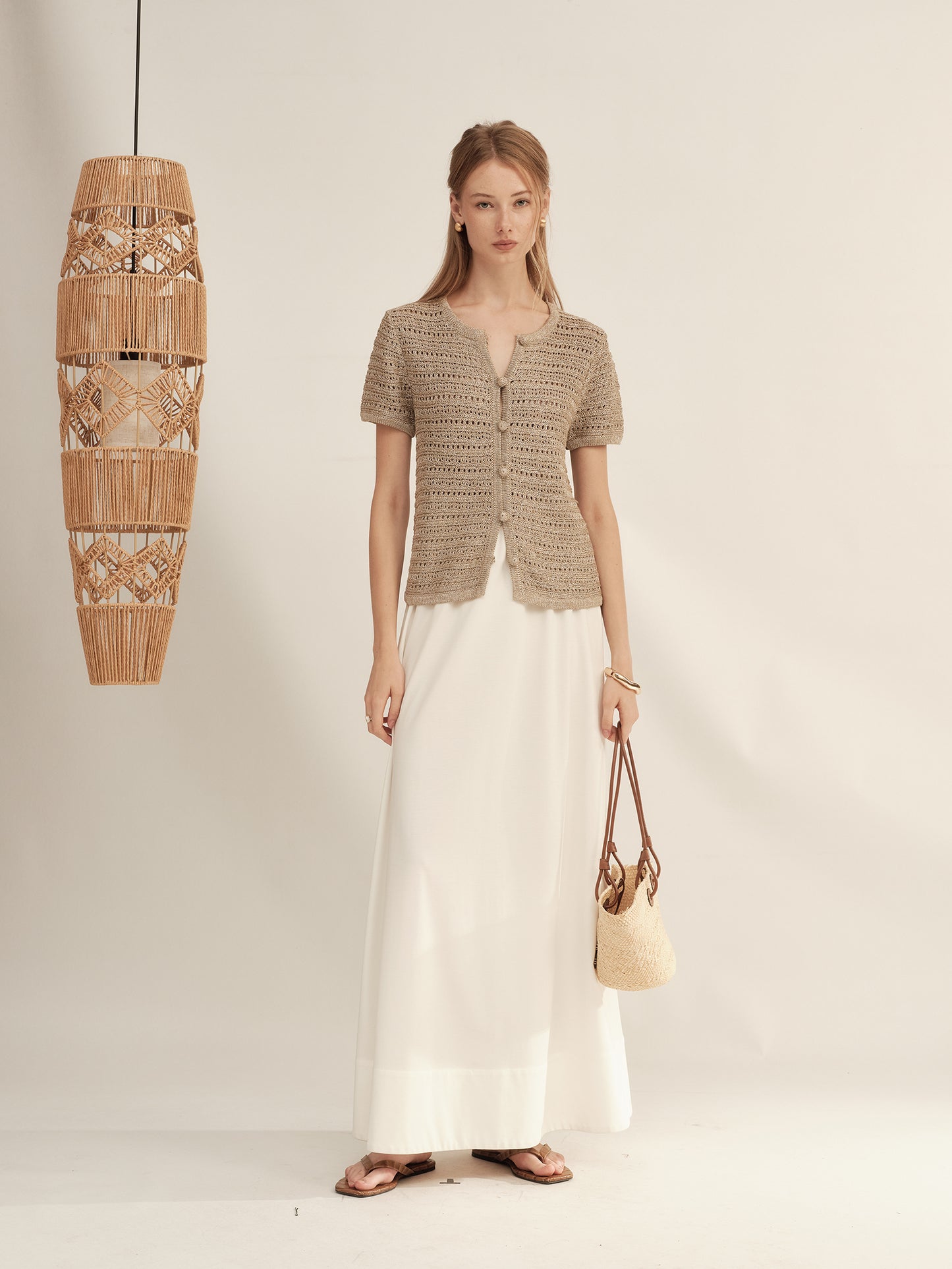Gold-Dusted Hand-Crocheted Button Knit Top