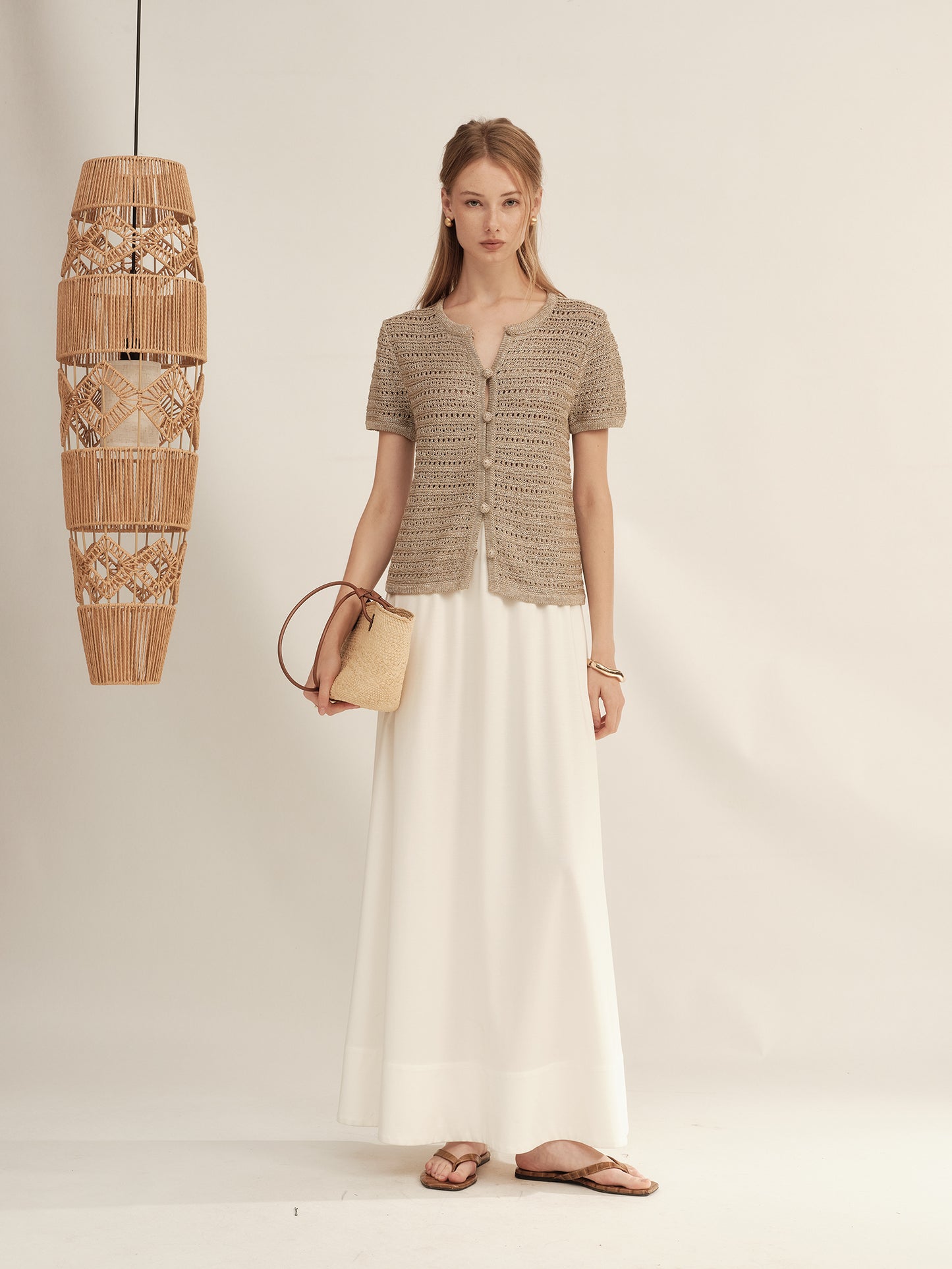 Gold-Dusted Hand-Crocheted Button Knit Top