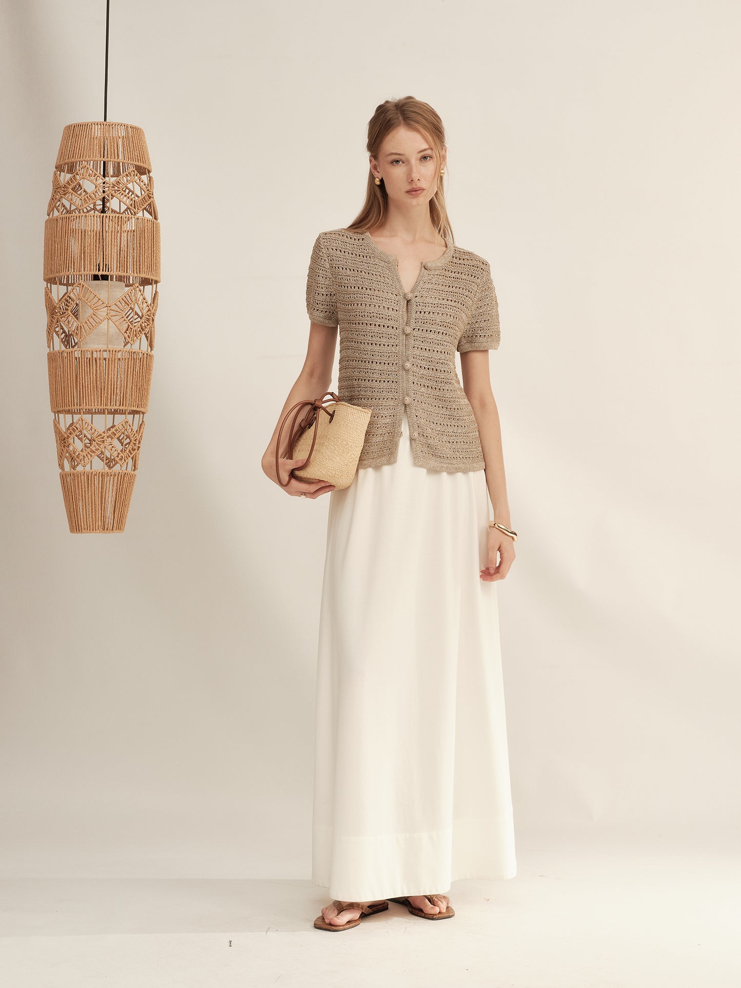 Gold-Dusted Hand-Crocheted Button Knit Top