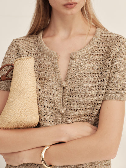 Gold-Dusted Hand-Crocheted Button Knit Top