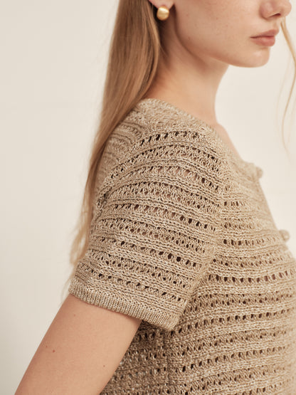 Gold-Dusted Hand-Crocheted Button Knit Top
