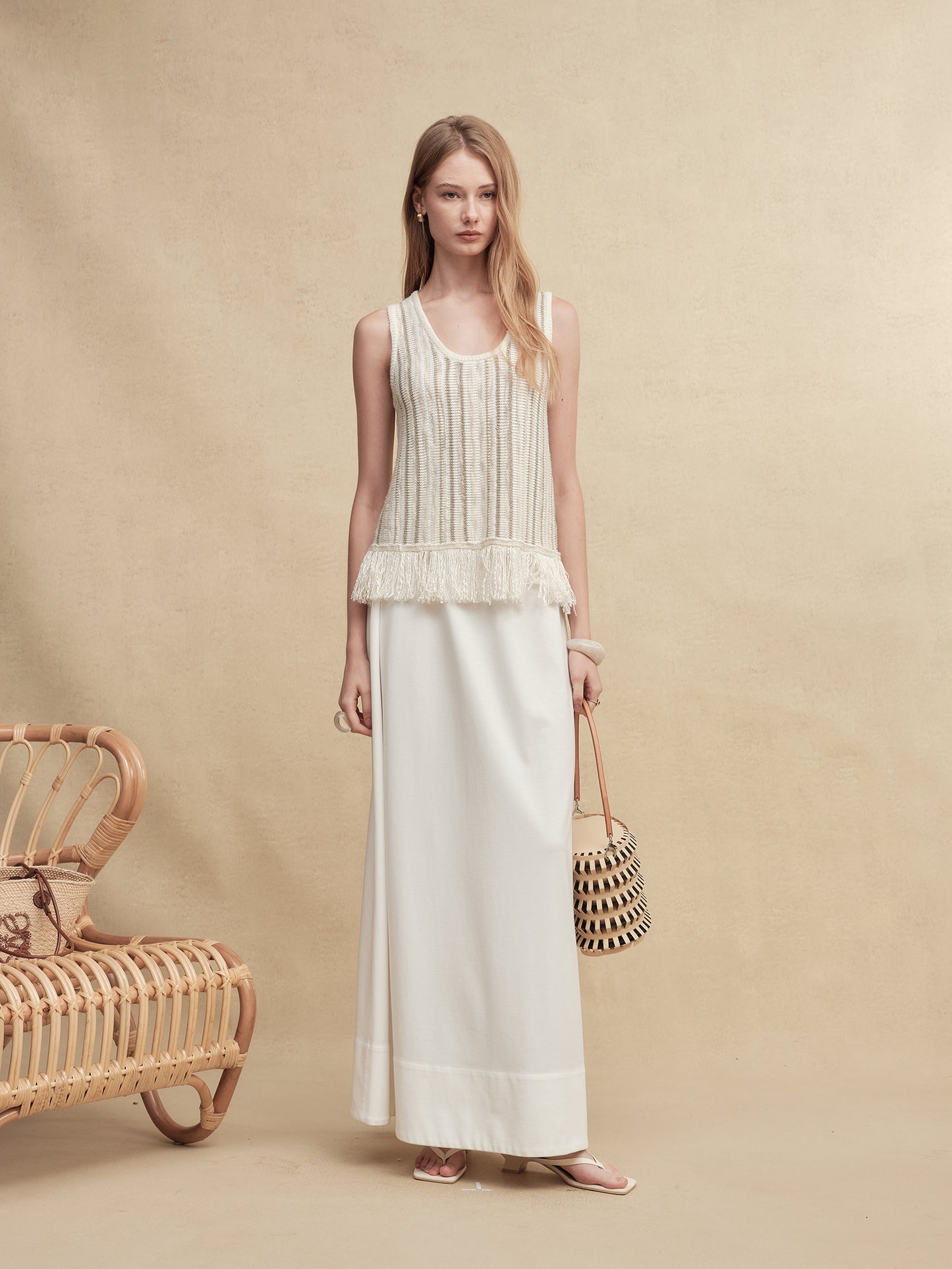 Mixed Silk-Lace Tassel Trim Knit Top