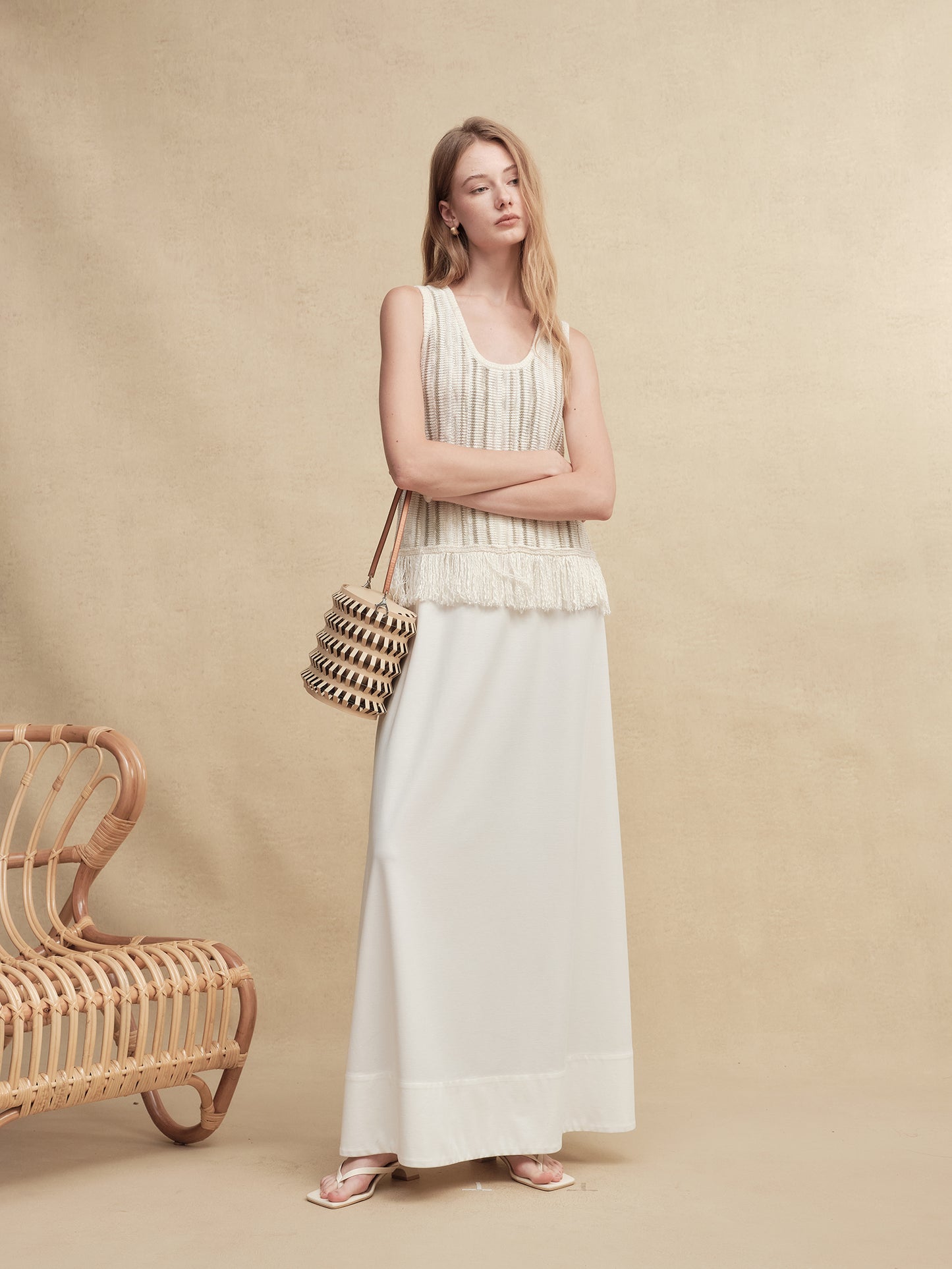 Mixed Silk-Lace Tassel Trim Knit Top