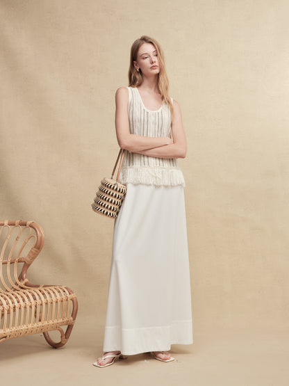 Mixed Silk-Lace Tassel Trim Knit Top