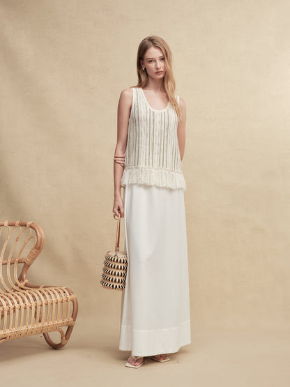 Mixed Silk-Lace Tassel Trim Knit Top
