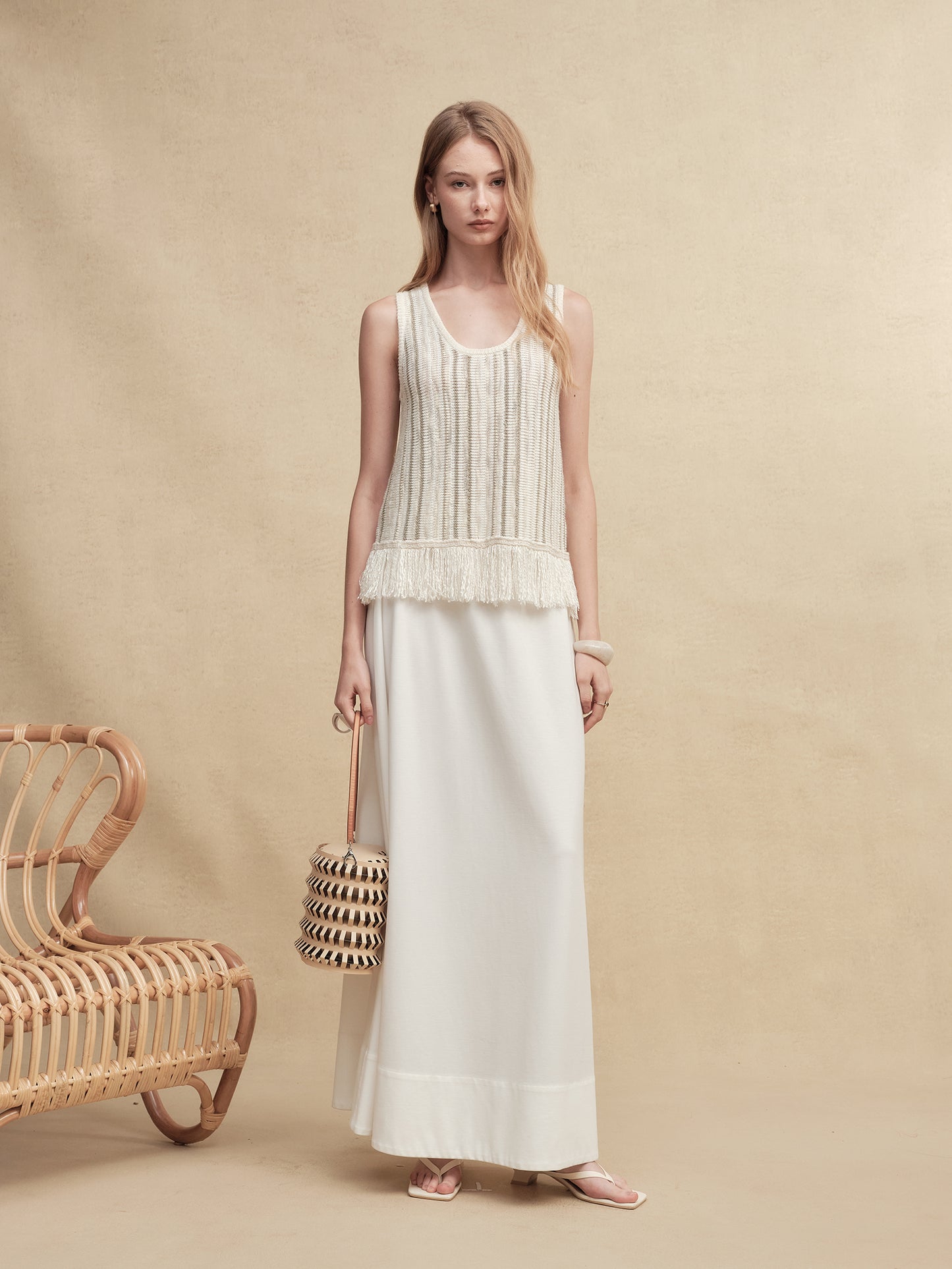 Mixed Silk-Lace Tassel Trim Knit Top