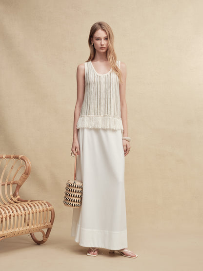 Mixed Silk-Lace Tassel Trim Knit Top