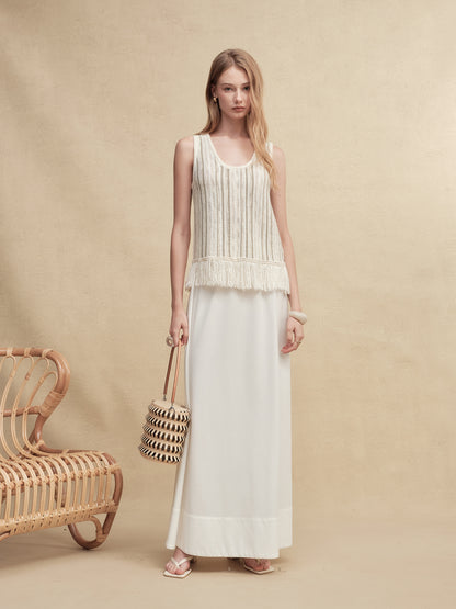 Mixed Silk-Lace Tassel Trim Knit Top