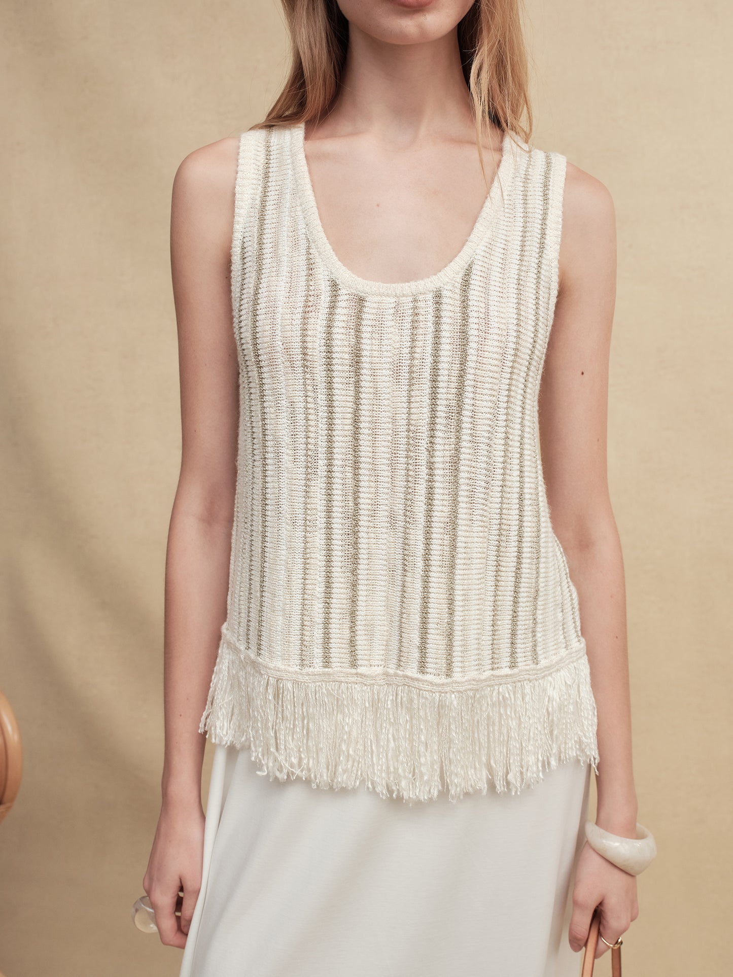 Mixed Silk-Lace Tassel Trim Knit Top