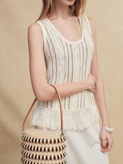 Mixed Silk-Lace Tassel Trim Knit Top