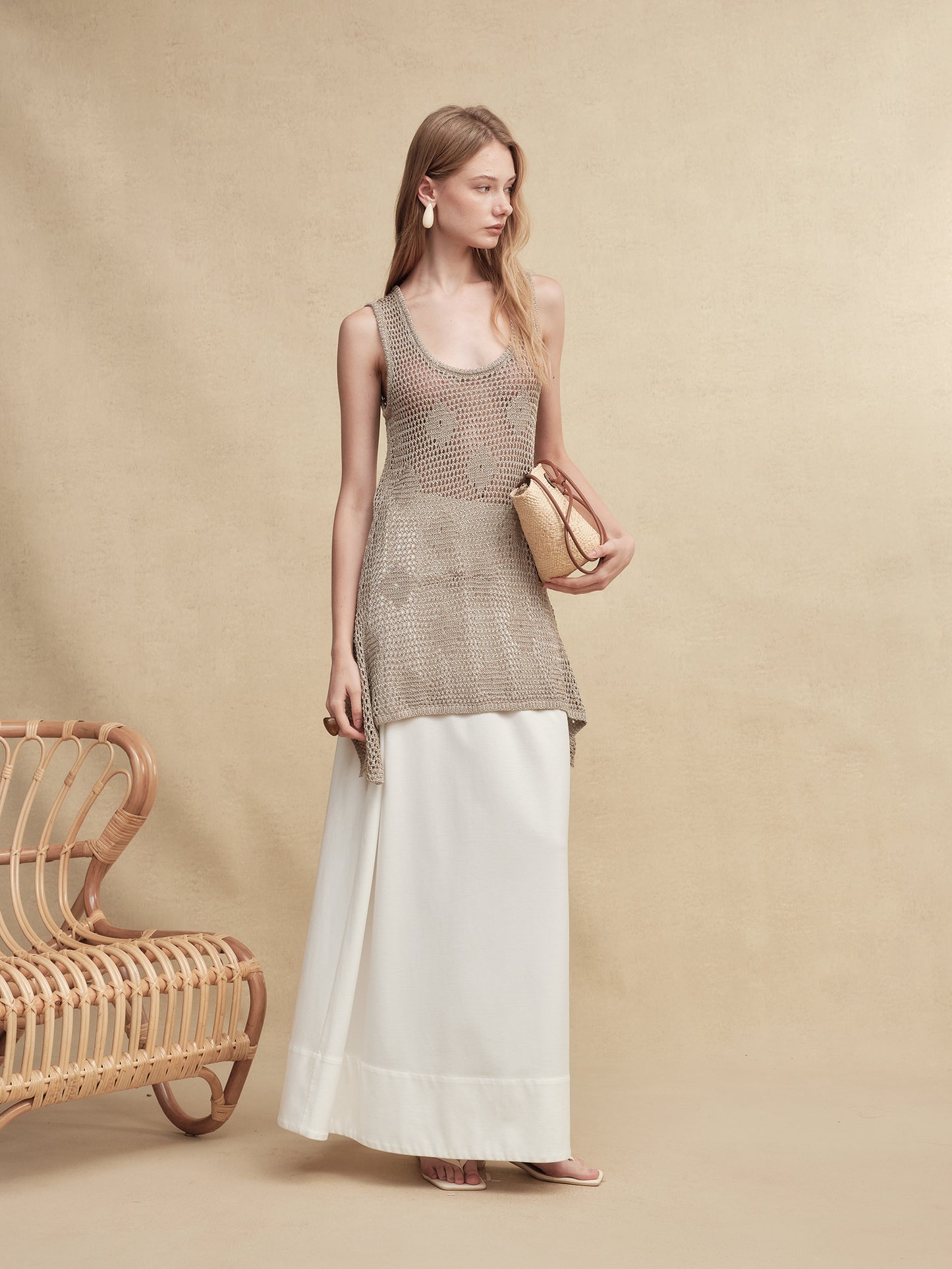 Gold-Dusted Knit Long Vest