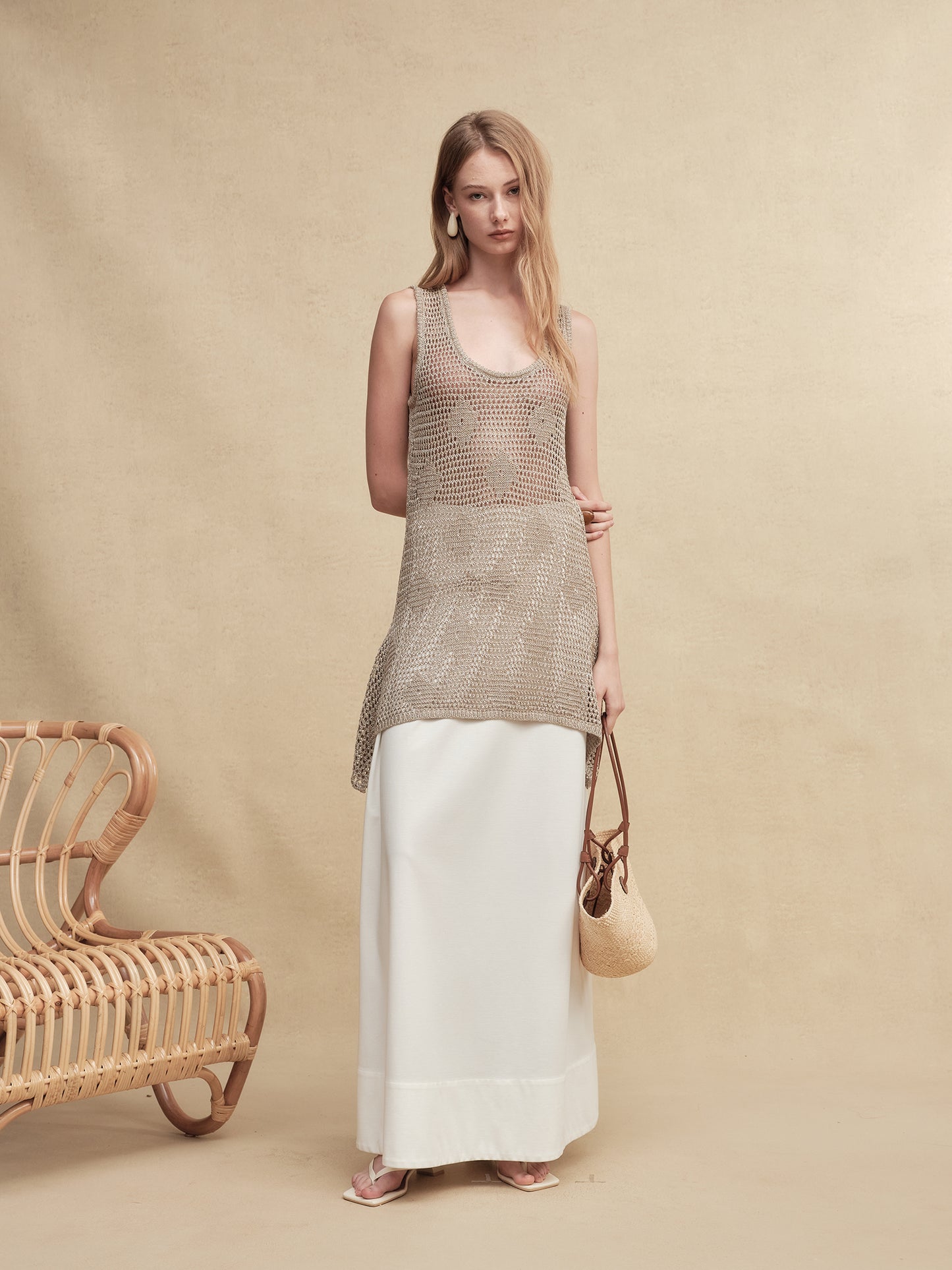 Gold-Dusted Knit Long Vest