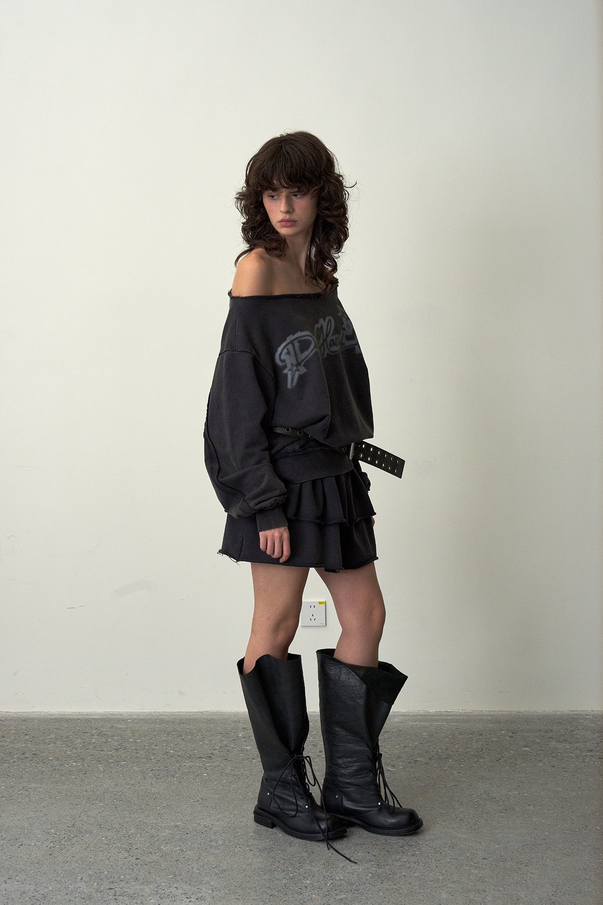 Distressed Sweatshirt Mini Skirt-Dark Gray