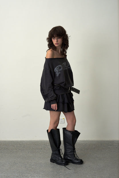 Distressed Sweatshirt Mini Skirt-Dark Gray