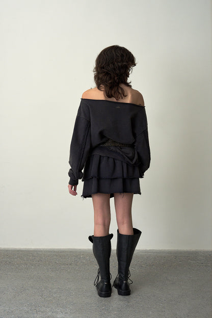 Distressed Sweatshirt Mini Skirt-Dark Gray