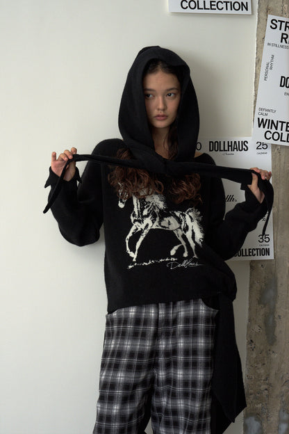 Horse Jacquard Knit Sweater-Black