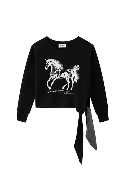 Horse Jacquard Knit Sweater-Black