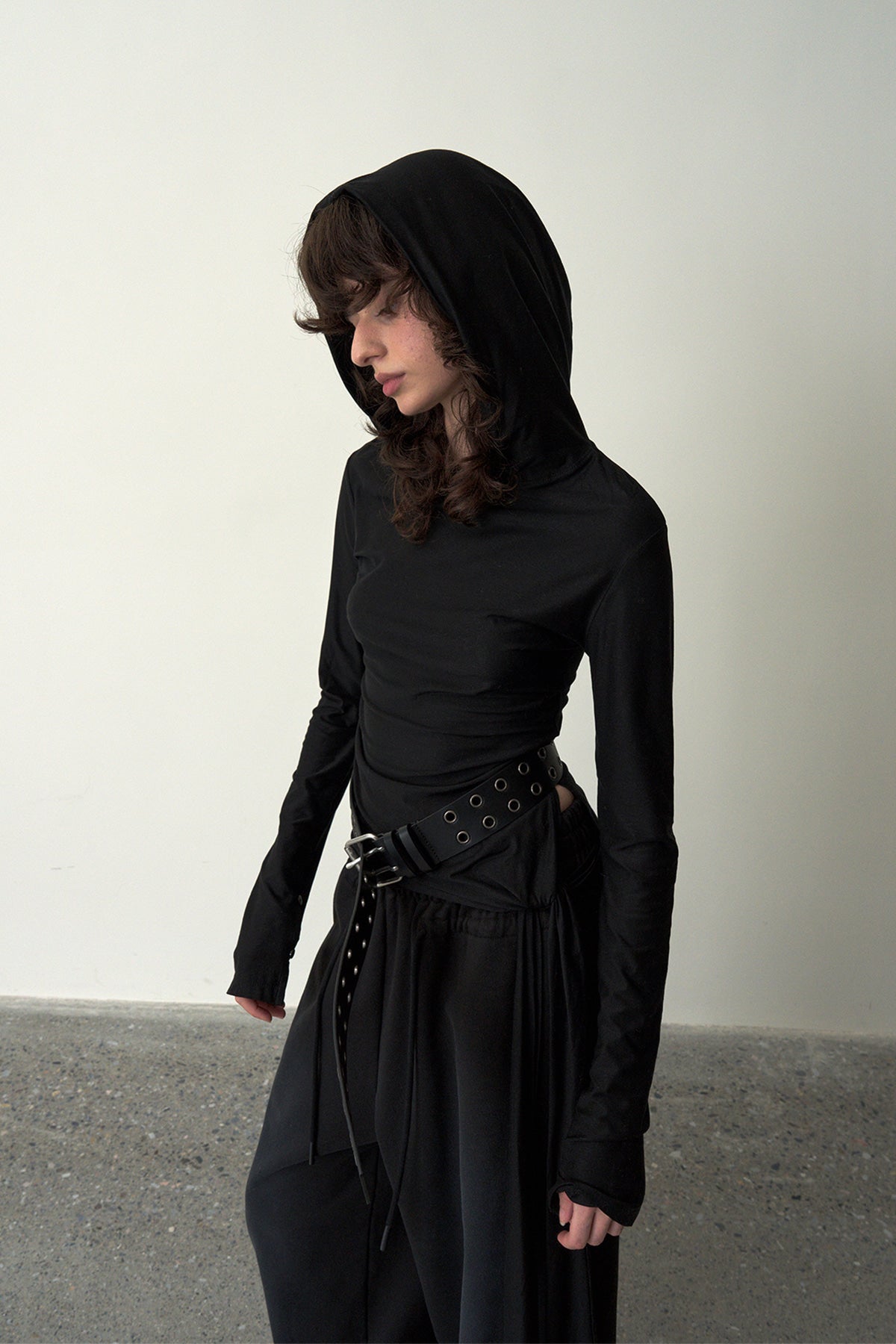 Ruched Hooded Top-Black