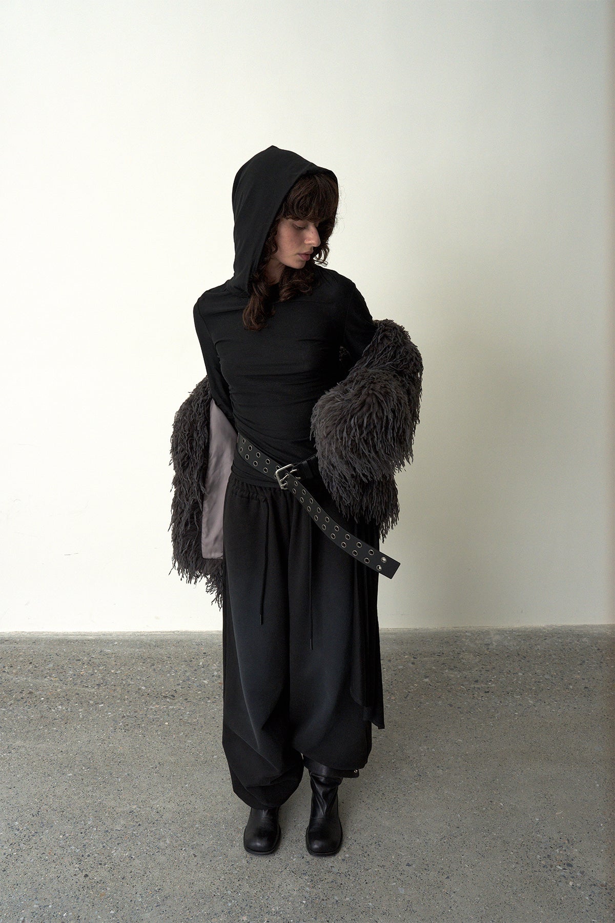 Ruched Hooded Top-Black