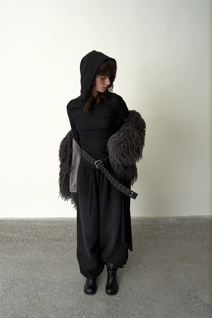 Ruched Hooded Top-Black