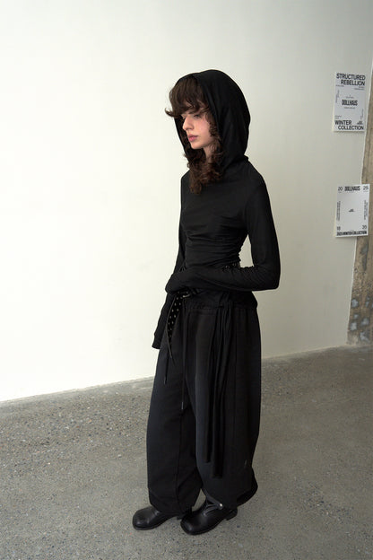 Ruched Hooded Top-Black