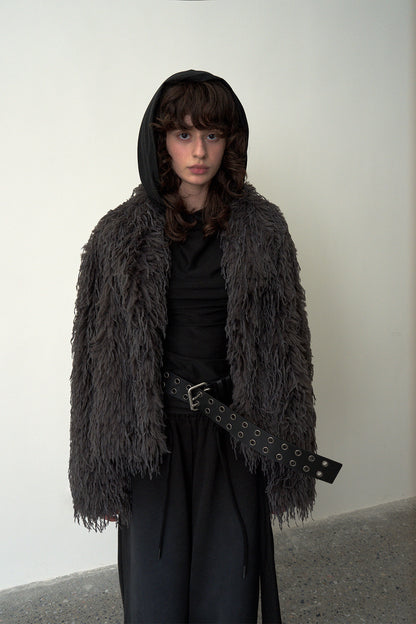 Ruched Hooded Top-Black