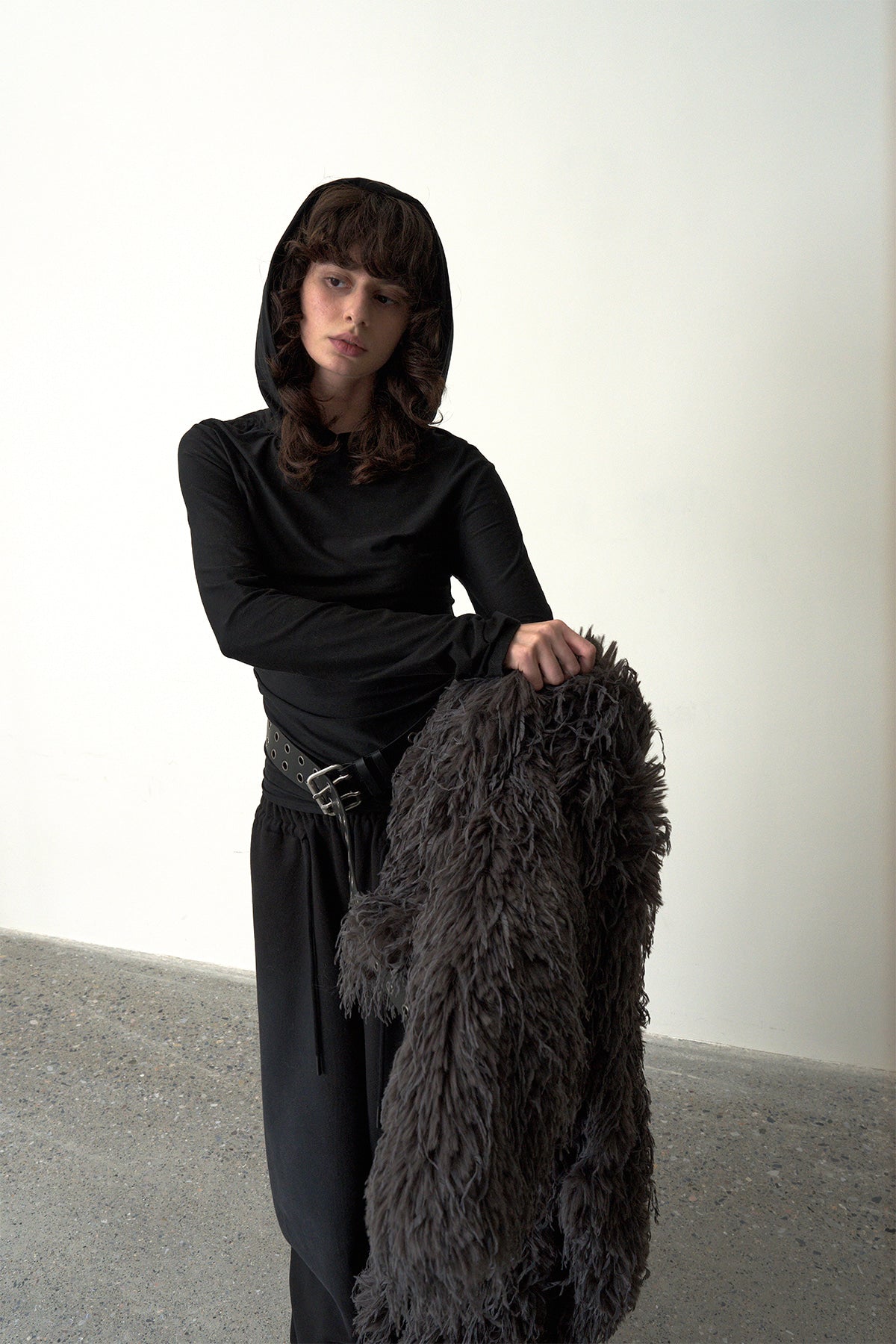 Ruched Hooded Top-Black