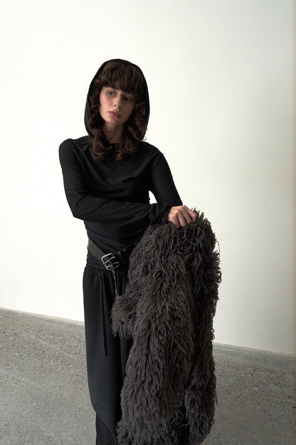 Ruched Hooded Top-Black