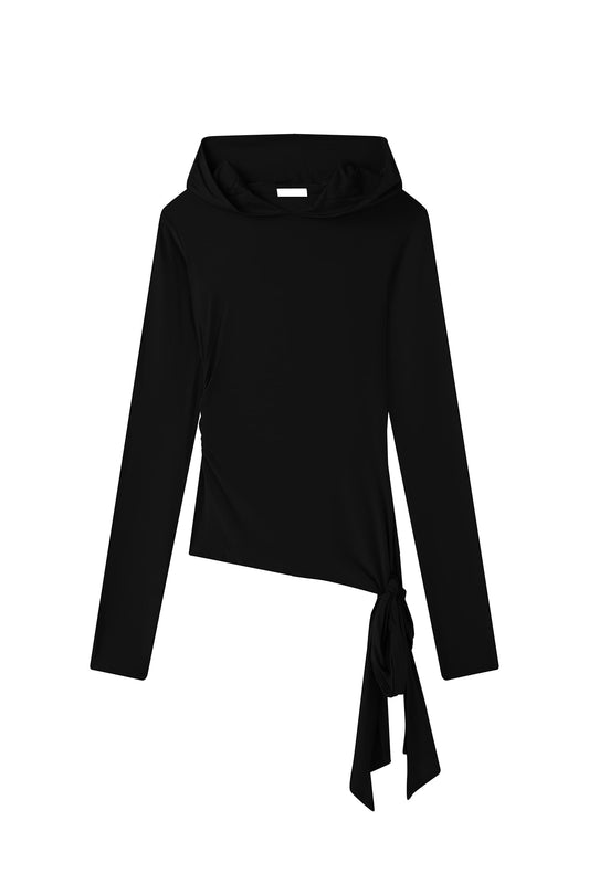 Ruched Hooded Top-Black