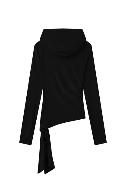 Ruched Hooded Top-Black